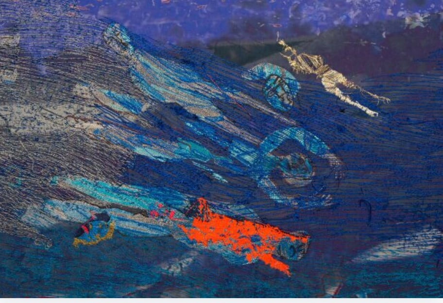 Alice  Kettle,   Sea - Thread  Bearing  Witness (detail),   cotton,  rayon  and  metallic on  printed   canvas,  3m  x  8m,  2017