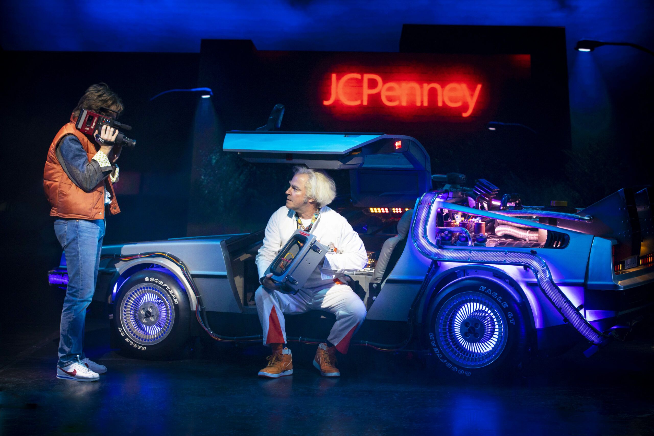 LtoR Olly Dobson as Marty McFly and Roger Bart as Doc Brown in Back to the Future, credit Sean Ebsworth Barnes