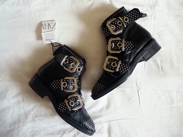 Zara black leather boots with buckles and silver studs