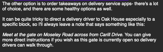 An e-mail containing advice on food and catering suggests isolating students can go out to meet take-away delivery drivers at the gate. 