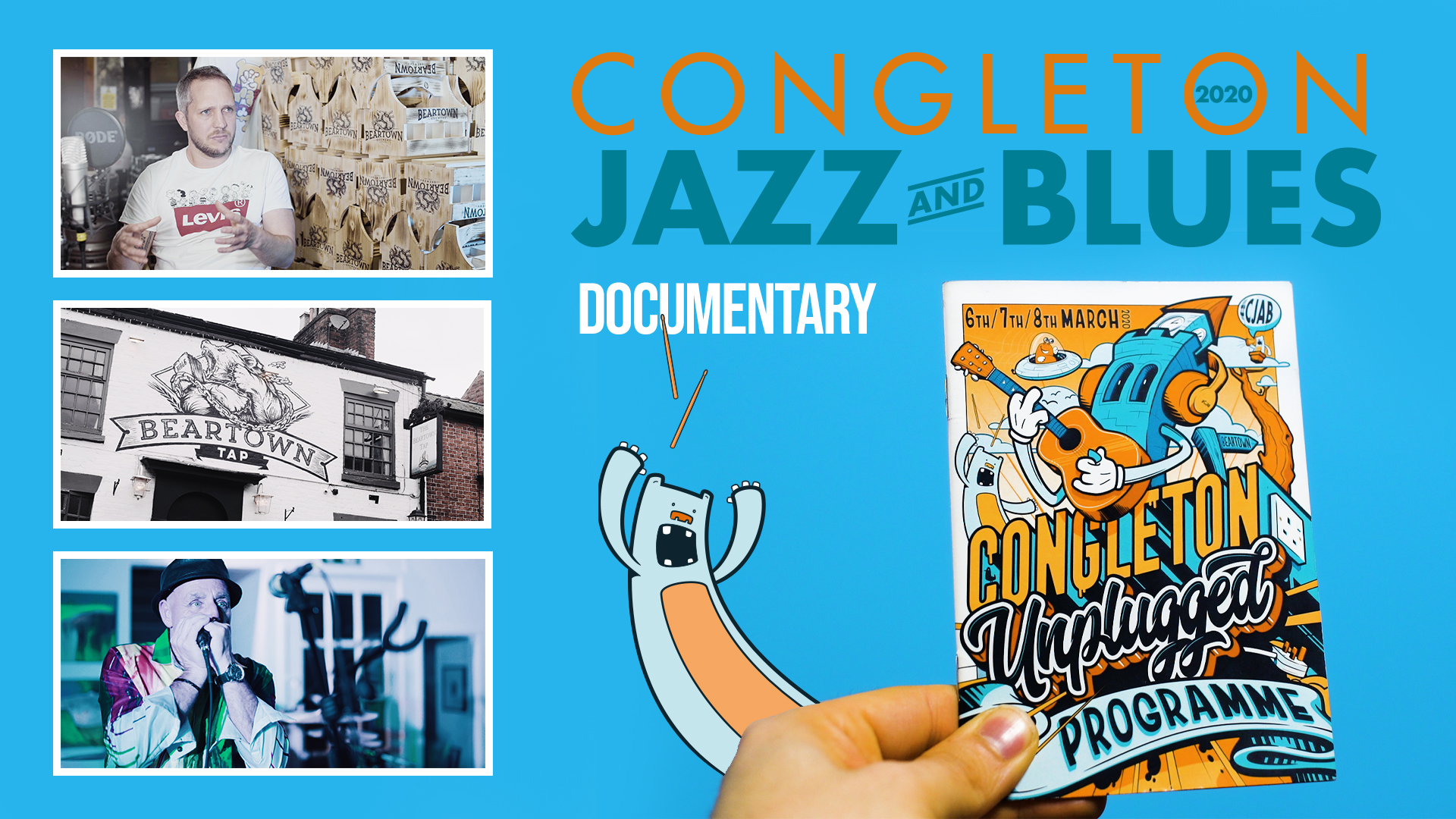 Poster graphic for congleton jazz and blues festival depicted amongst filmic shots