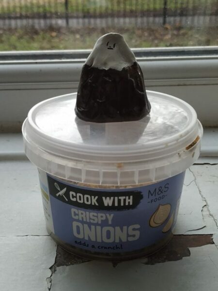 smal mountain scupture atop a plastic tub of crispy onions
