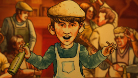 Ralph Steadman Animation conveying a child, Shane MacGowan with bottle amongst a busy pub scene
