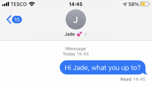 Example text which reads " Hi Jade, what are you up to?"