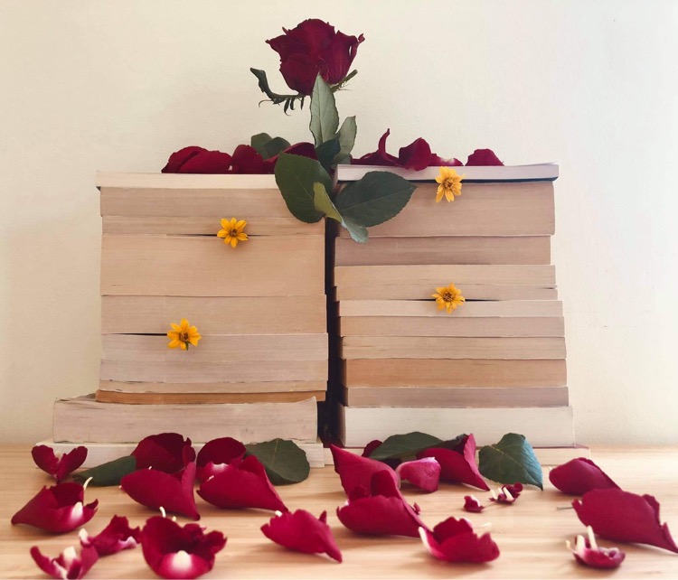 Valentine's Day book stack
