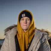 Hoodied Nathan Evans in Wellerman shoot