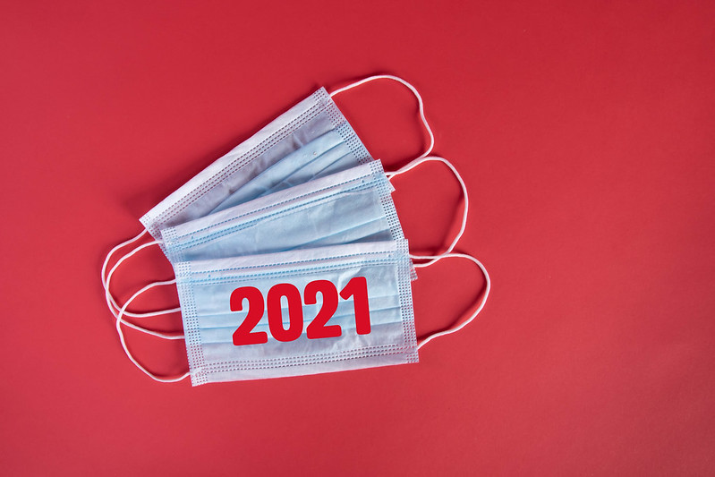 A surgical face mask with 2021 typed on