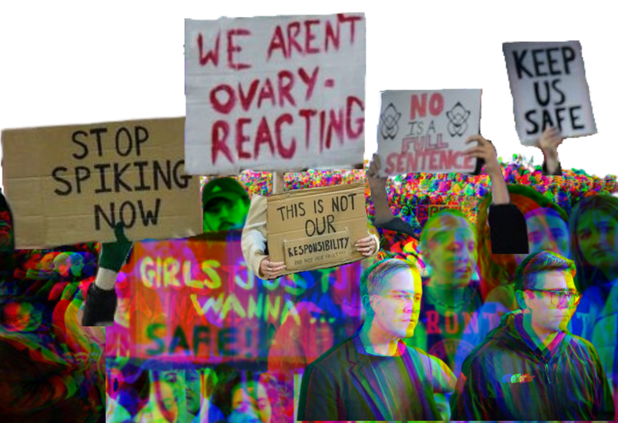 A collage of banners from the 'End Spiking Now' protest