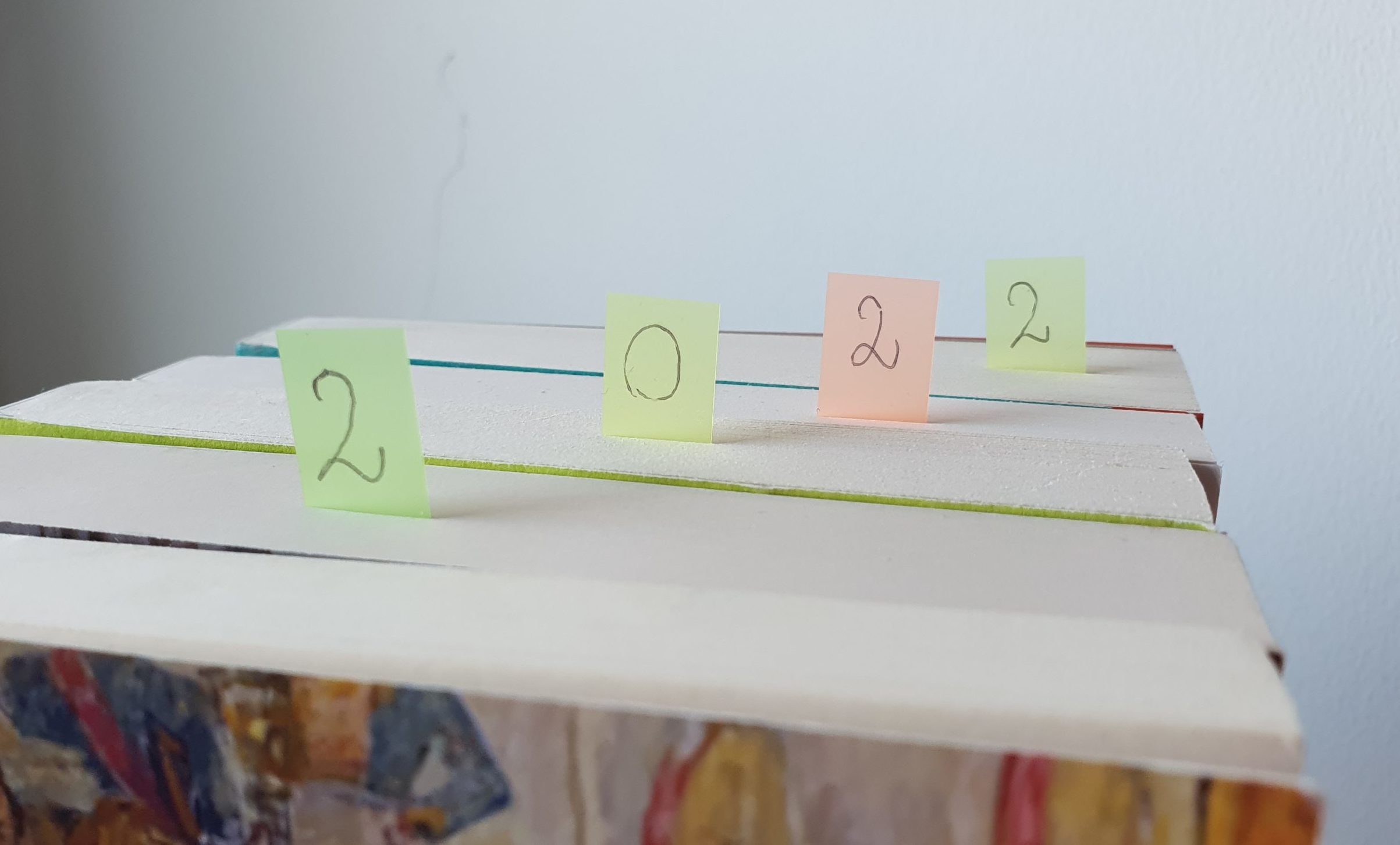 Four diagonally placed books with page markers that have the digits of 2022 written on them.