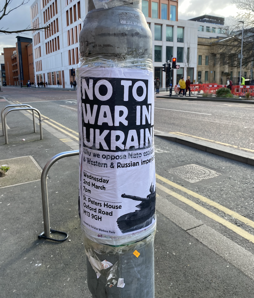 Poster promoting an anti-war demonstration in Manchester.