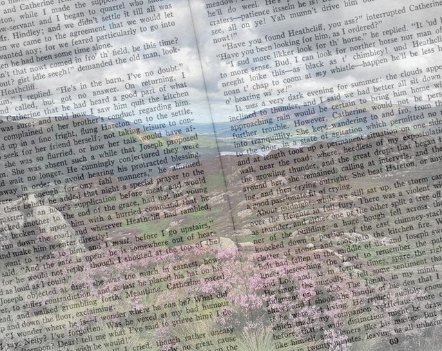 yorkshire moor with ghost print of wuthering heights page