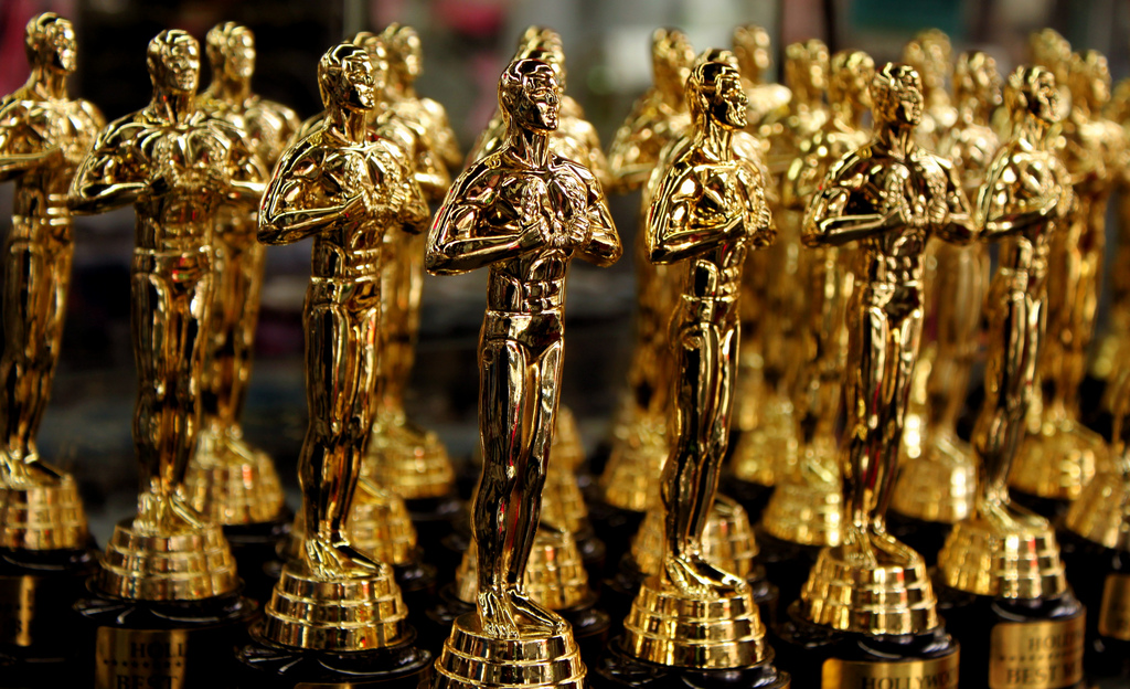 closeup of the golden Academy Award (Oscars) figures. Best Picture.