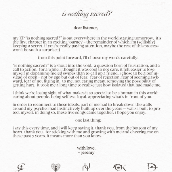Jeremy Zucker's statement to fans on the release of is nothing sacred? Link: https://www.instagram.com/p/CtNIq65OgJ1/?hl=en