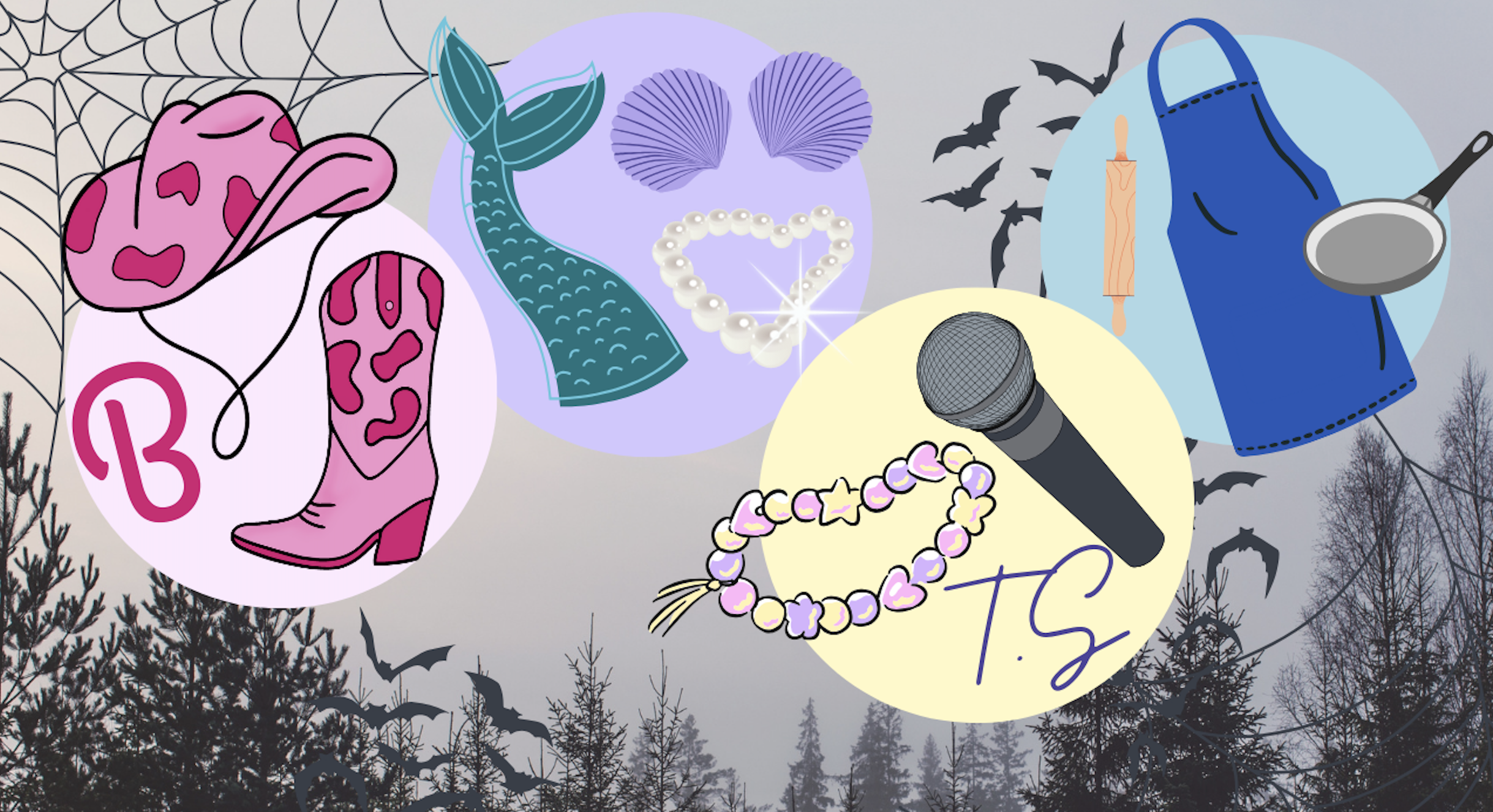 Selection of costume accessories on a spooky background