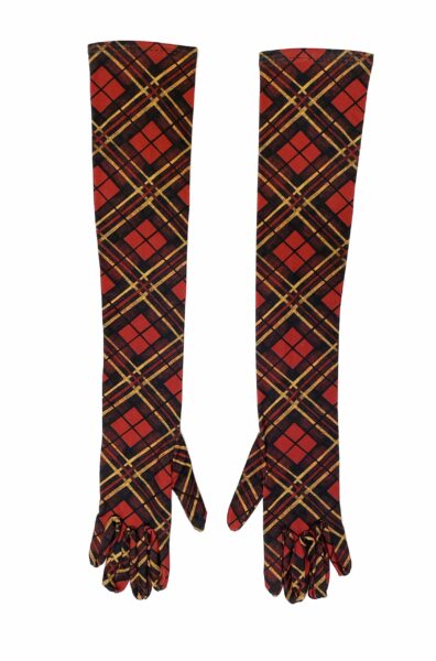 A pair of long, tartan gloves 