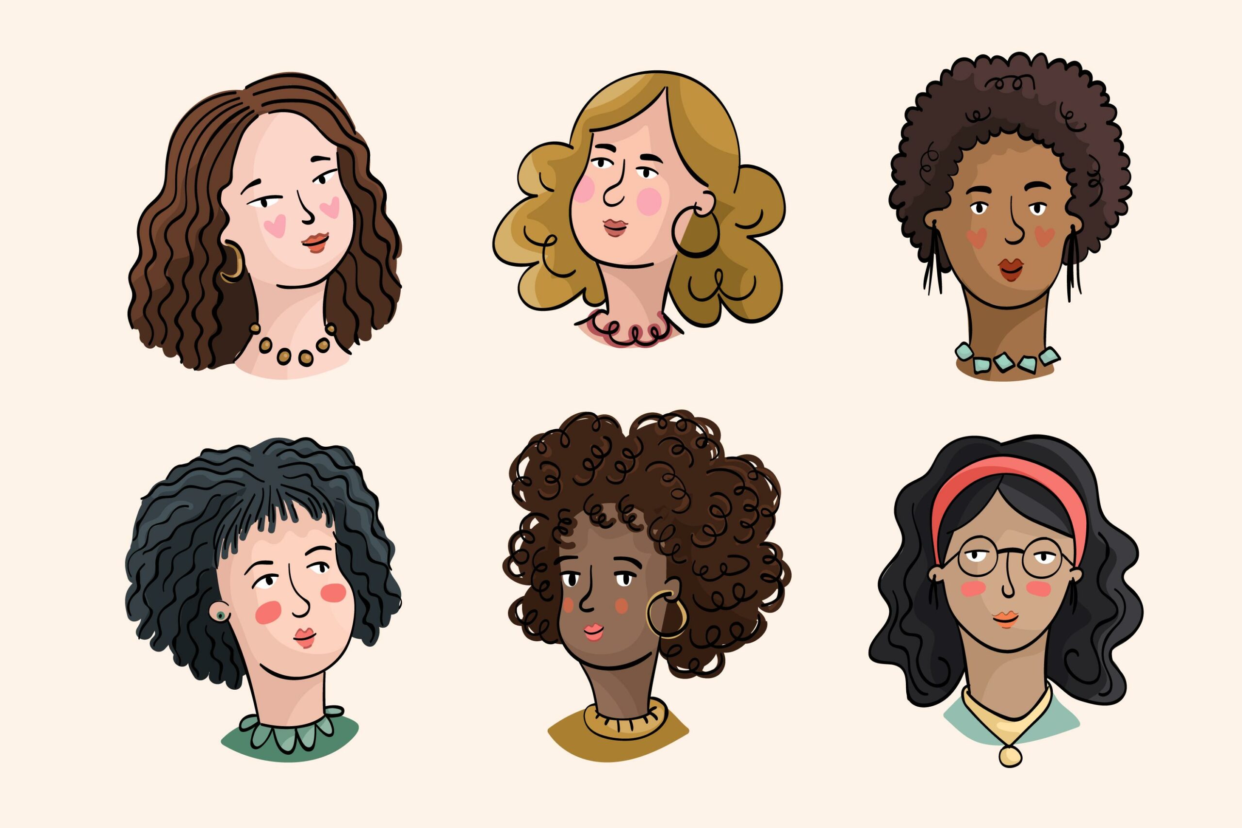 curly hair for six cartoon women