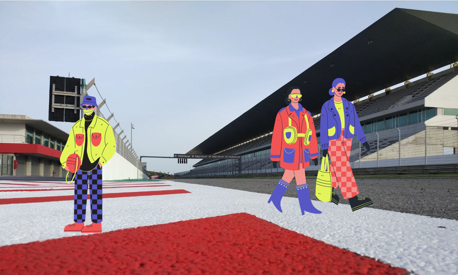Formula 1 track with cartoon people on it