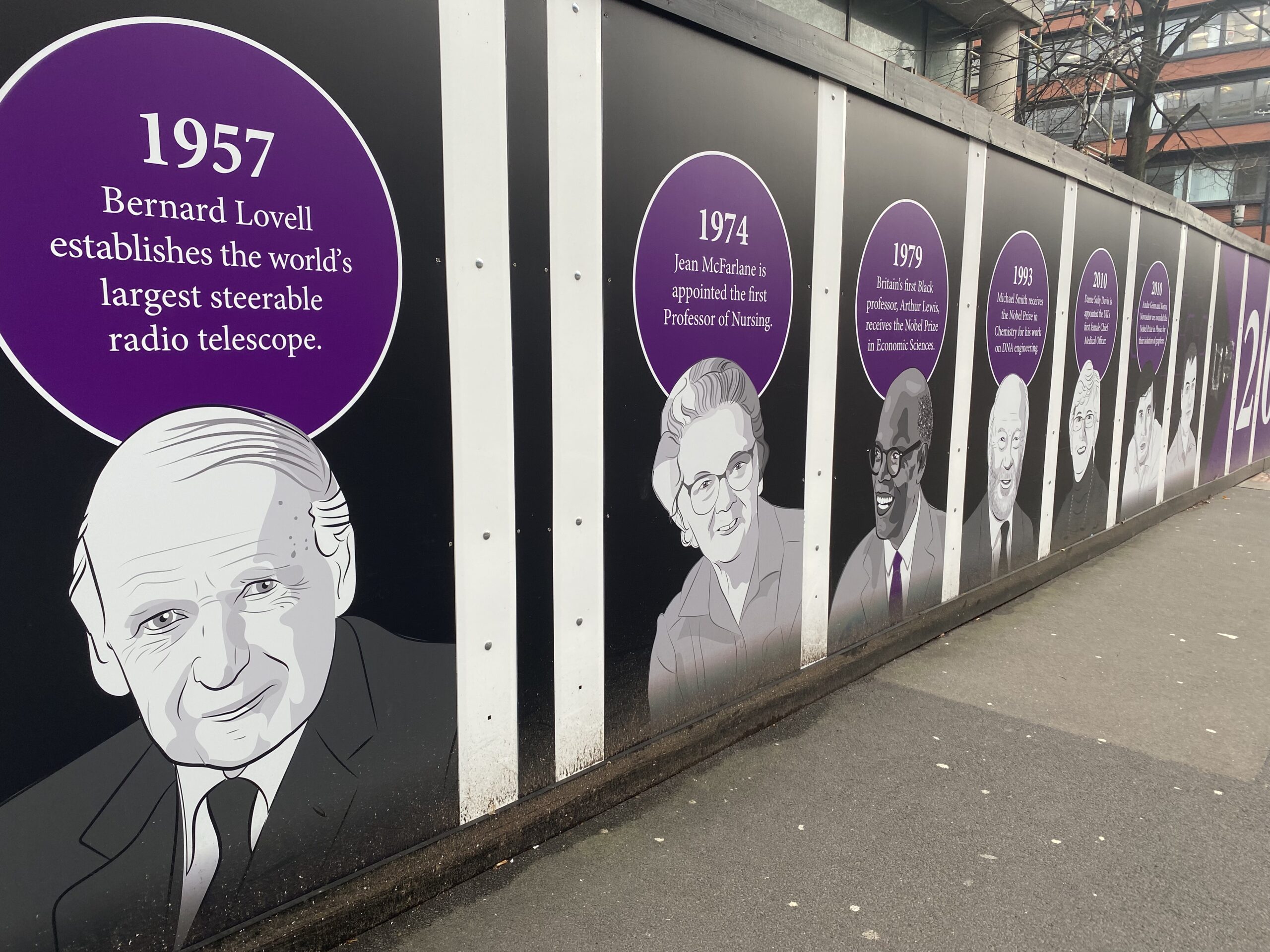 Image: A bicentenary display including some of the figures who give their names to UoM buildings