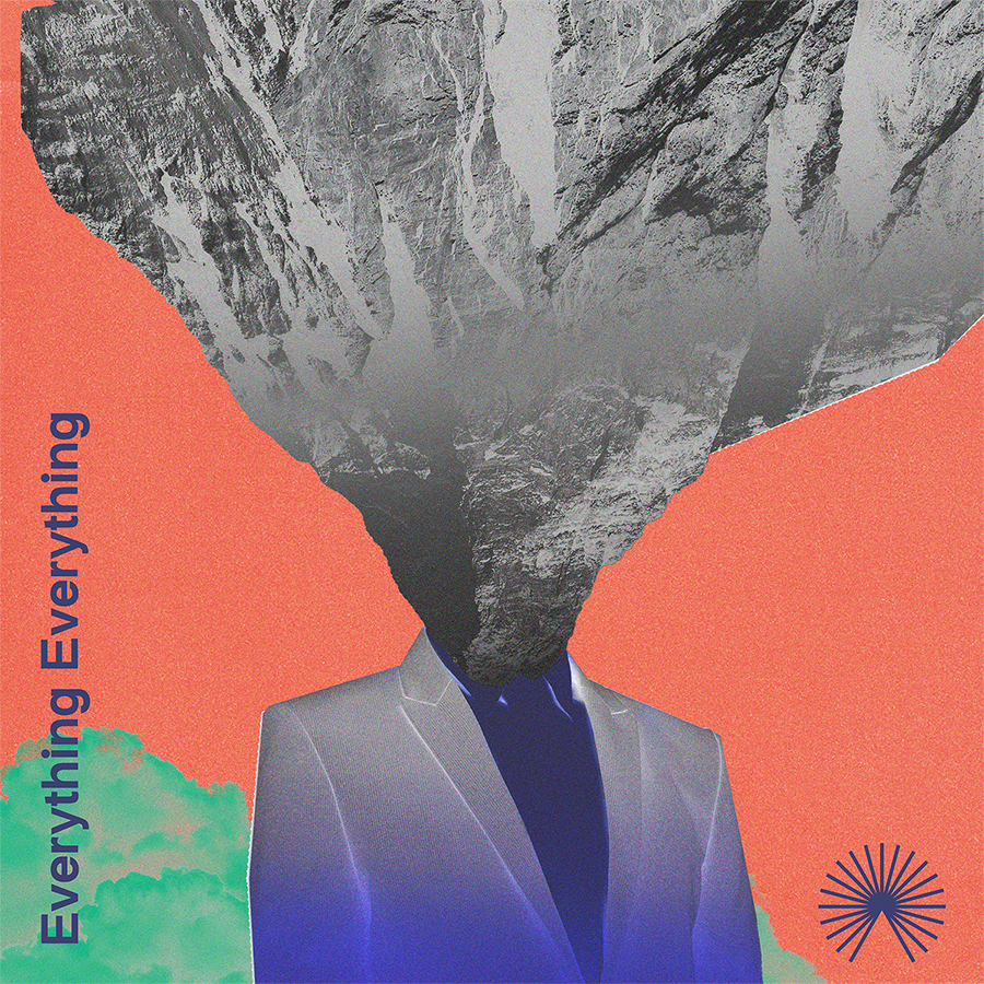 Album cover for Everything Everything's Mountainhead. A Man in a suit against an orange background. Instead of a head, an inverted mountain projects upwards.