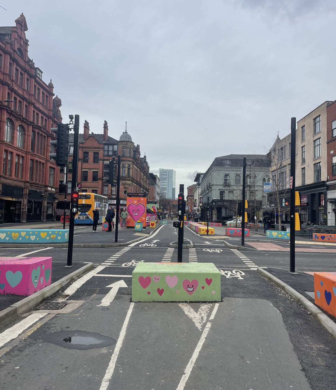 An image of the newly designed Steven Square. With three of Hostile Vehicle Mitigation Blocks placed on the pavement.