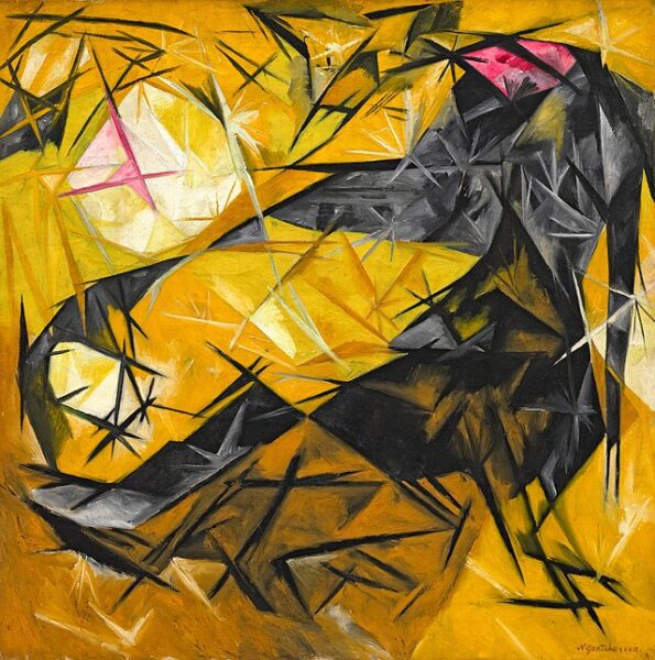 Cats_(rayist_percep._in_rose,_black,_and_yellow)_(Goncharova,_1913)