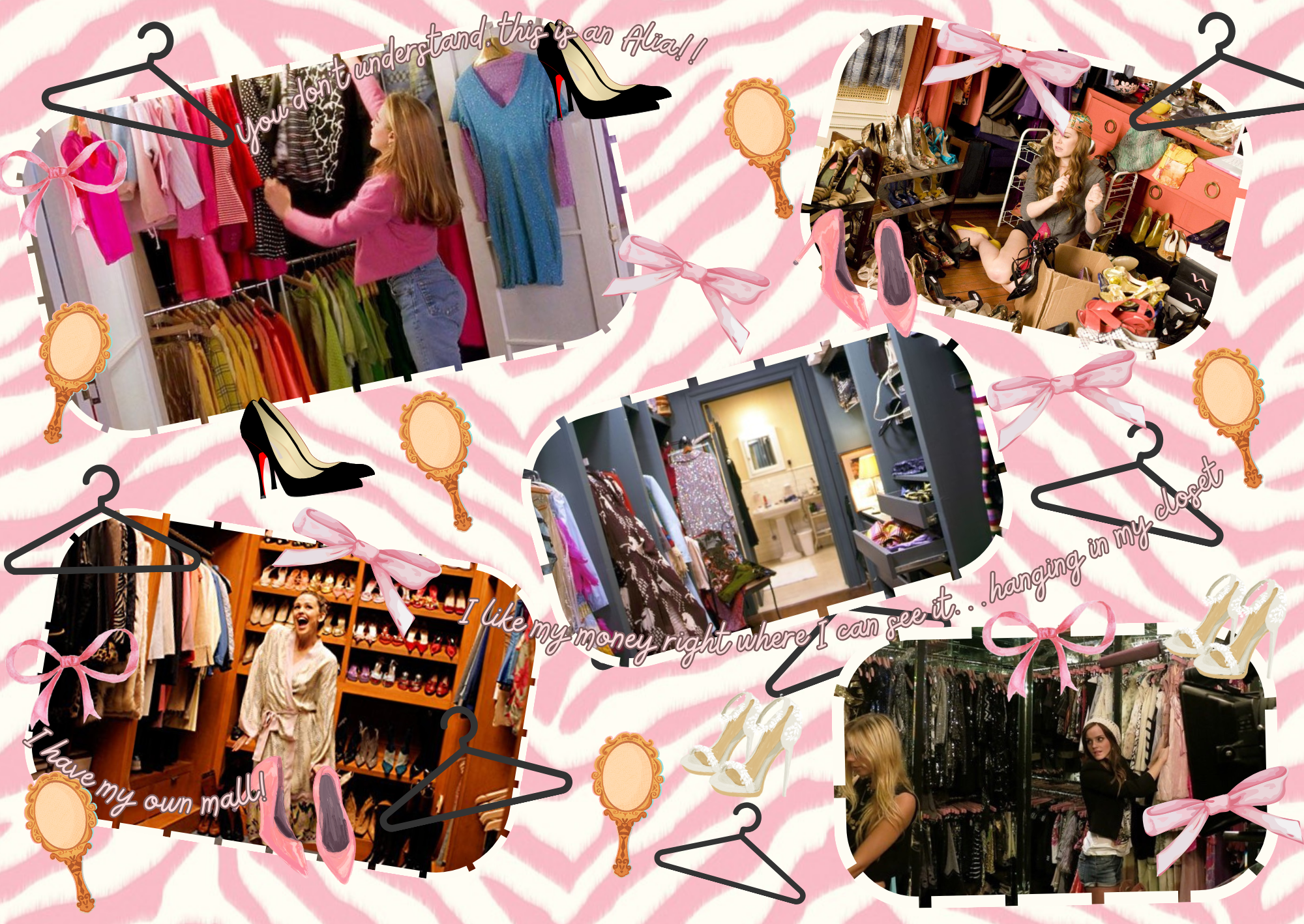 iconic closets collage with a pink background