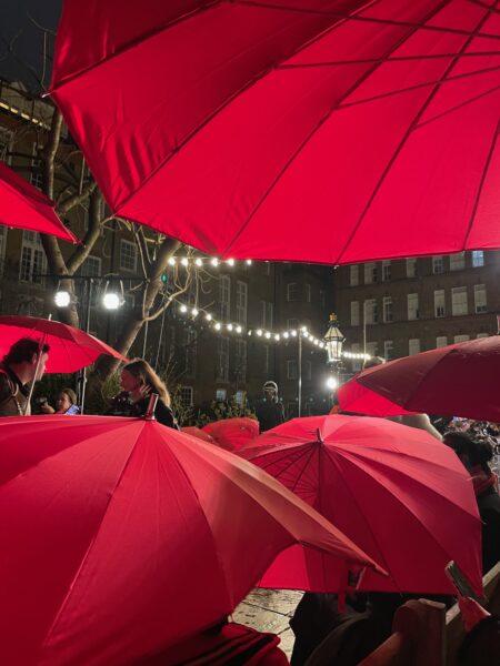 A very British scene: umbrellas in the crowd