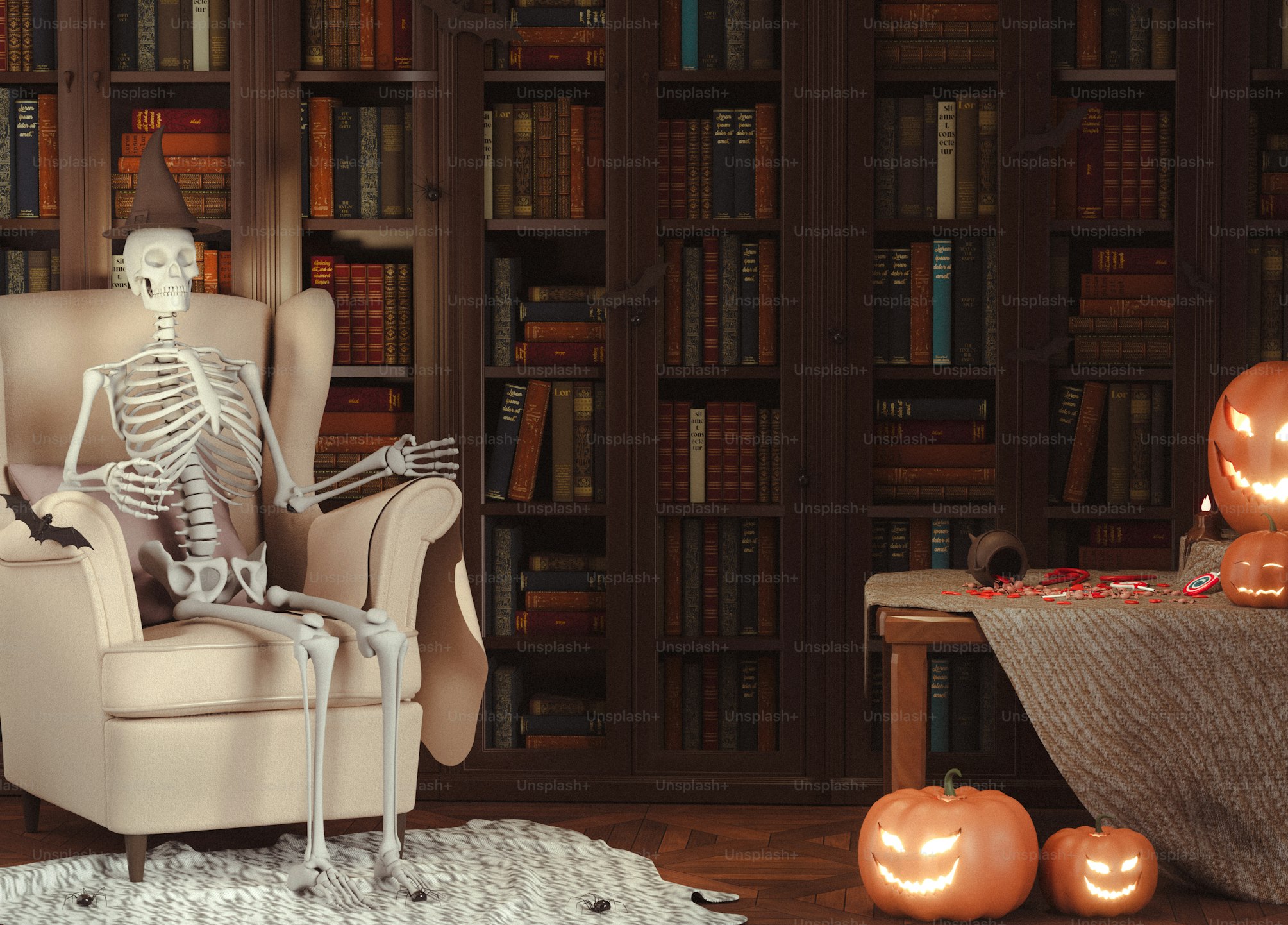 Halloween skeleton posed reading a book.