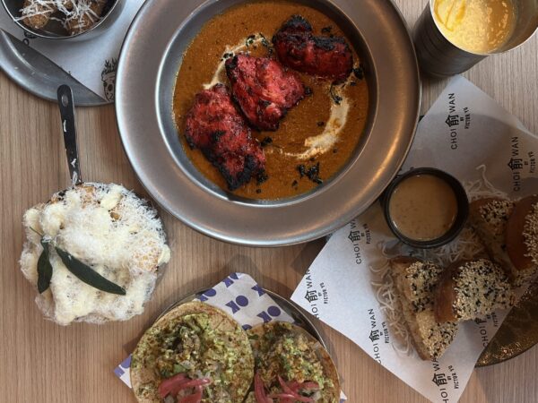 Butter chicken (top), mango lassi, prawn crumpets (right), mushroom tacos (bottom)