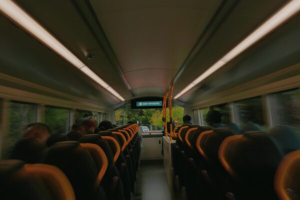 The interior of a Bee Network bus, with blurred edges.