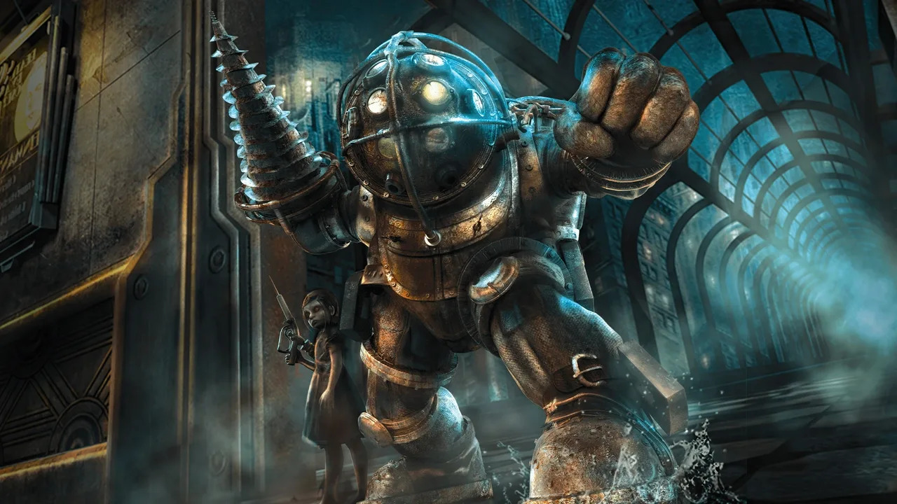 Box art (minus text) for the 2007 game Bioshock and its 2016 remaster