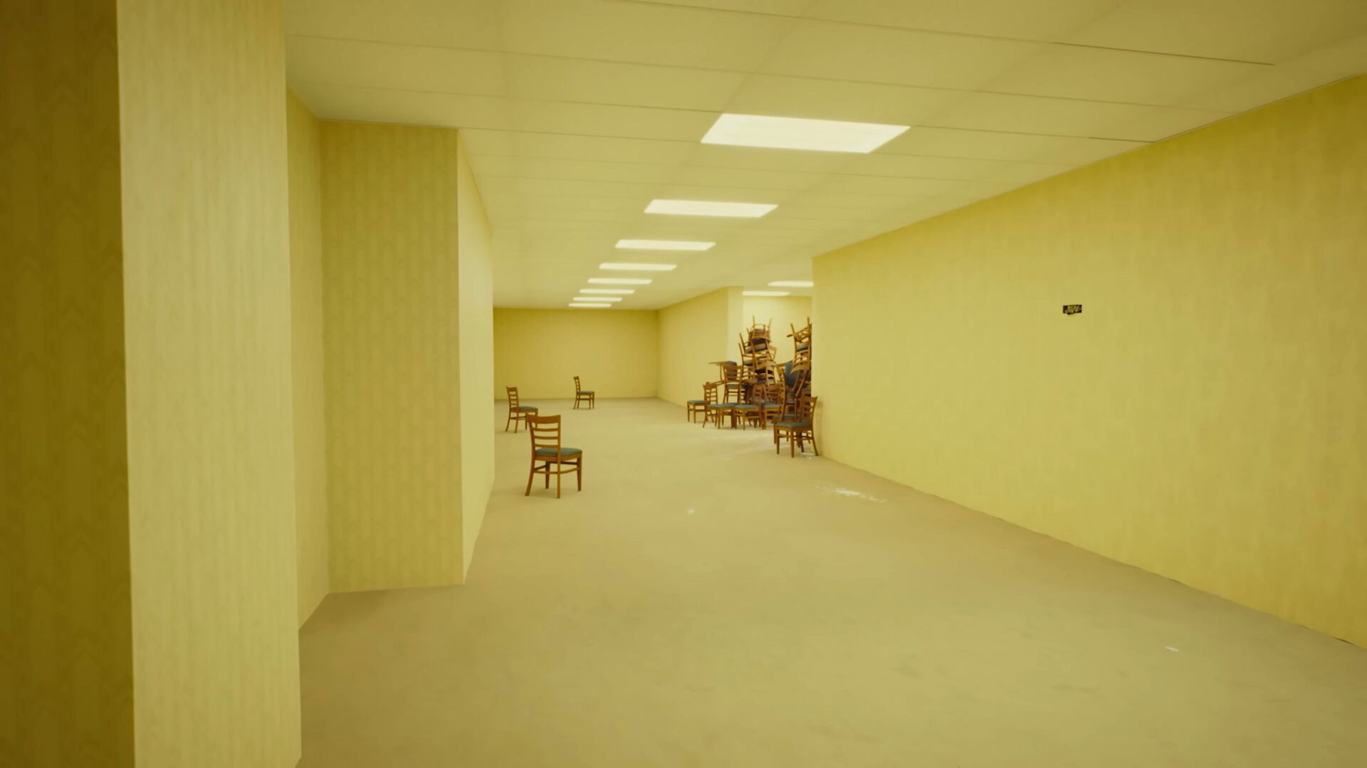 Image of the set and backdrop from the A24 movie Backrooms, directed by Kane Parsons.