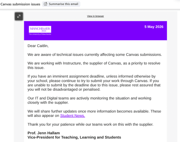 Email from the University regarding Canvas attack 1 
