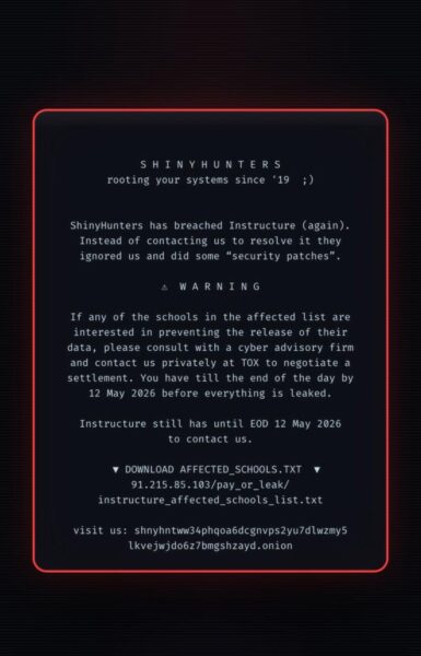 A message on Canva bymhacker group 'ShinyHunters'