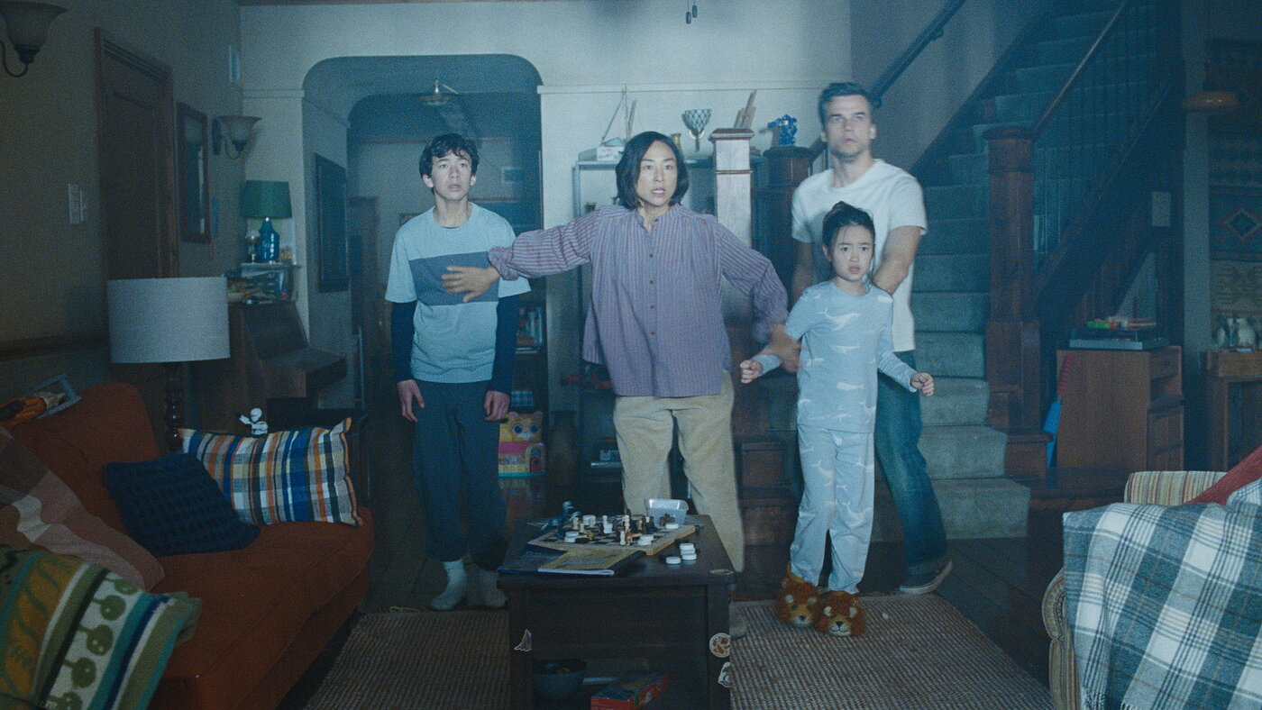 Wagner Moura, Noah Alexander Sosnowski, Riley Chung, and Greta Lee in The Last House (Netflix, 2026)