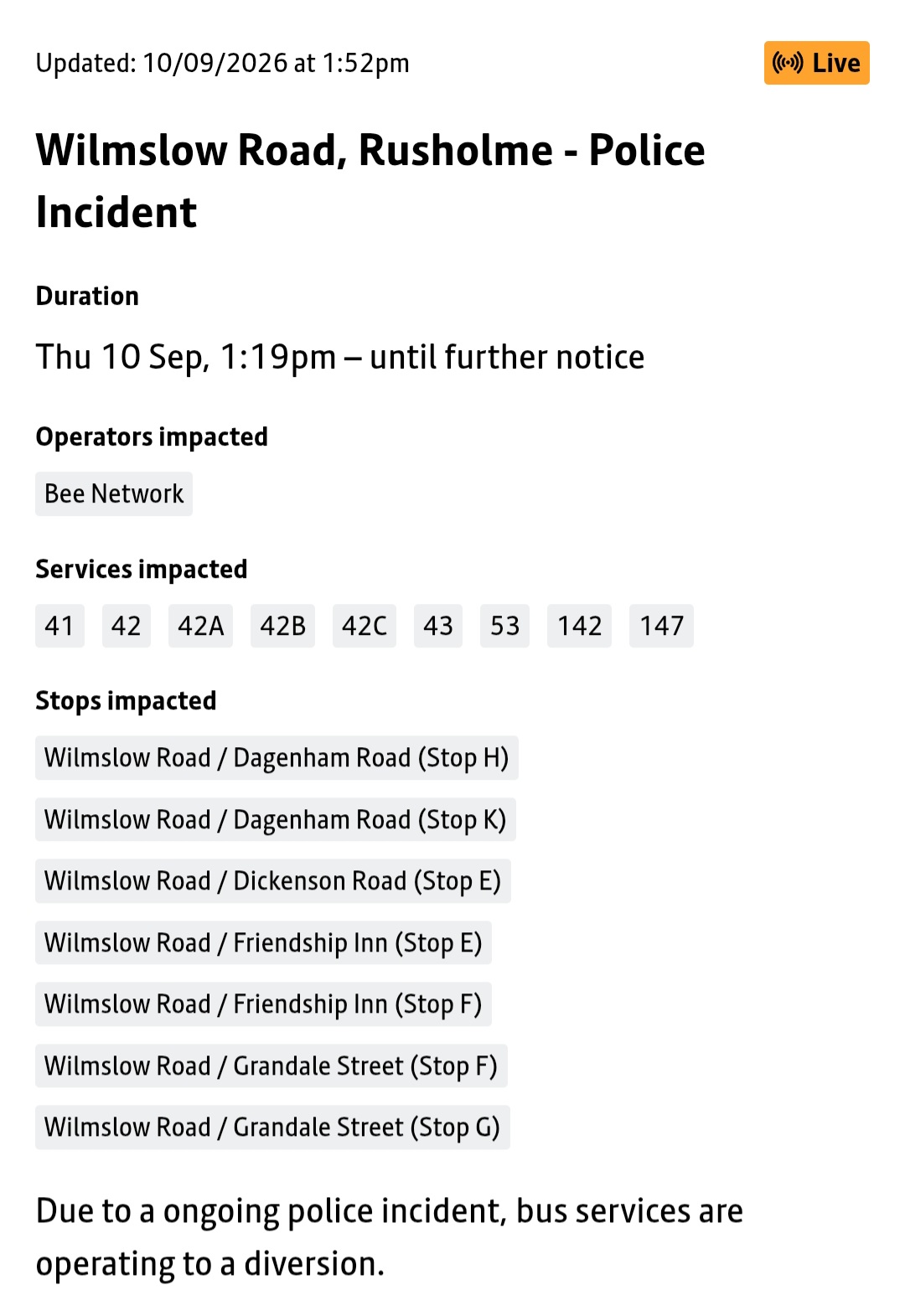 Bee Network diversion warning for Wilmslow Road