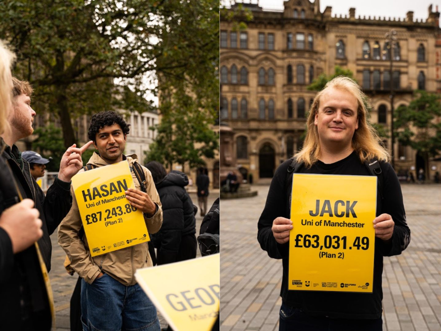 Hasan Patel and Jack Newton holding yellow signs with their student debt amount