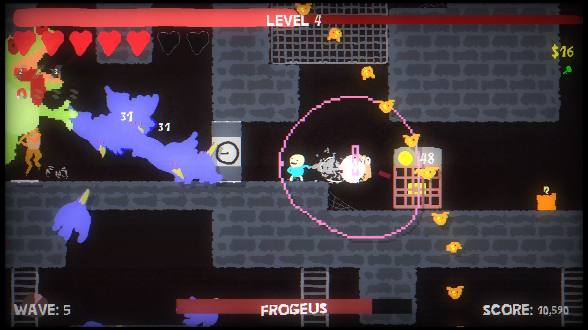 Gameplay footage of a boss fight in the roguelite platformer Blood Dungeon, developed by Messhof